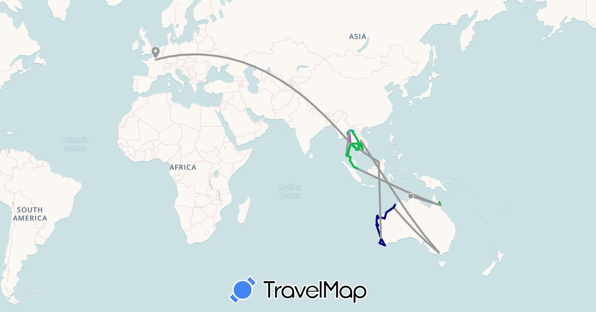 TravelMap itinerary: driving, bus, plane, train, boat in Australia, Brunei, France, Cambodia, Laos, Malaysia, Singapore, Thailand, Vietnam (Asia, Europe, Oceania)